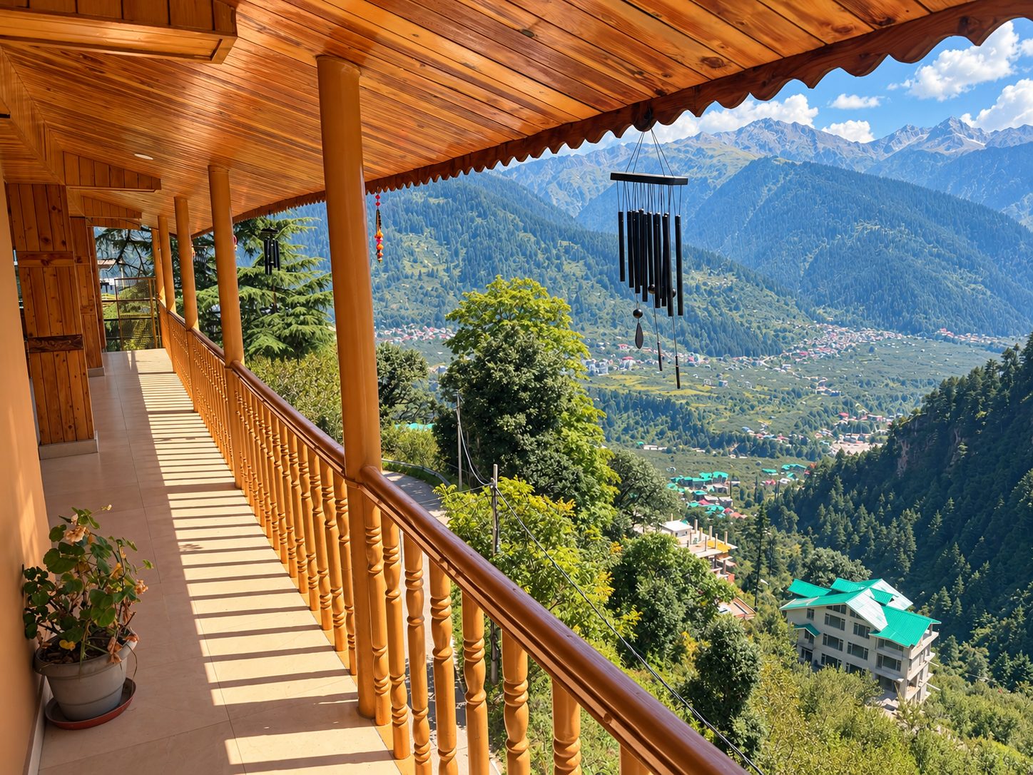 Wooden balcony with wind chime and valley view